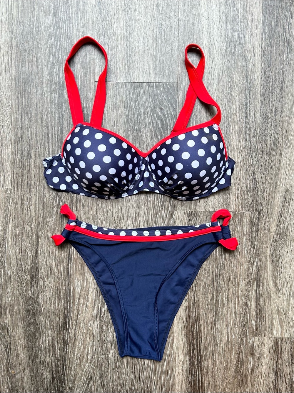 Navy Polka Dot Underwire Bikini with Red Trim - Women Swim